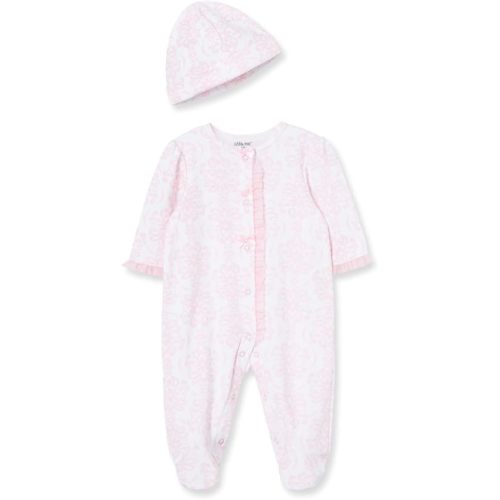 Little Me Clothes for Baby Girls 100% Cotton Scratch-Free Tag Footed One-Piece Romper and Hat Sleeper Set Preemie to 9 Months