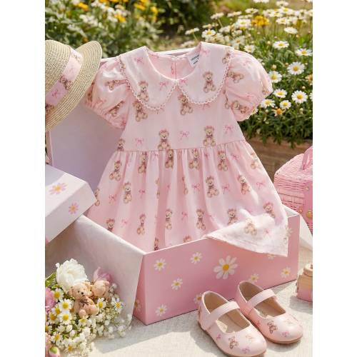 Souflis Souflis French Style Baby Girls' Dress Summer Pale Pink Teddy Bear Pattern Sweet Peter Pan Collar Princess Dress Puff Sleeve Short Sleeve Dress, Casual Fashionable, Suitable For Playing, School And Other Occasions