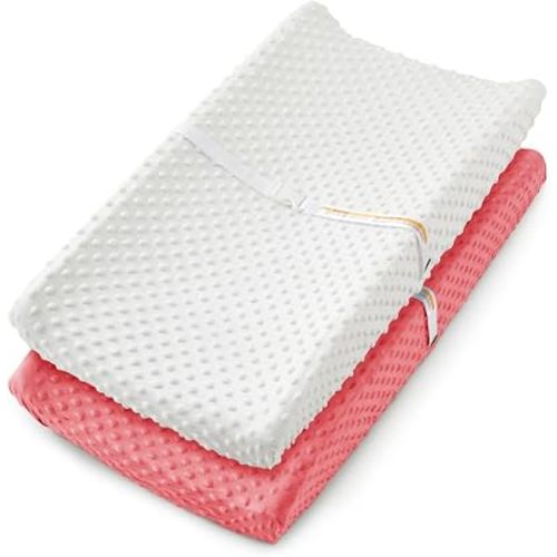 Homiest 2 Pack Changing Pad Cover, White + Pink Changing Table Sheets, Ultra Soft Fleece Minky Dot Fabric, Breathable Comfortable Diaper Pad Cover for Girls and Boys, Machine Washable