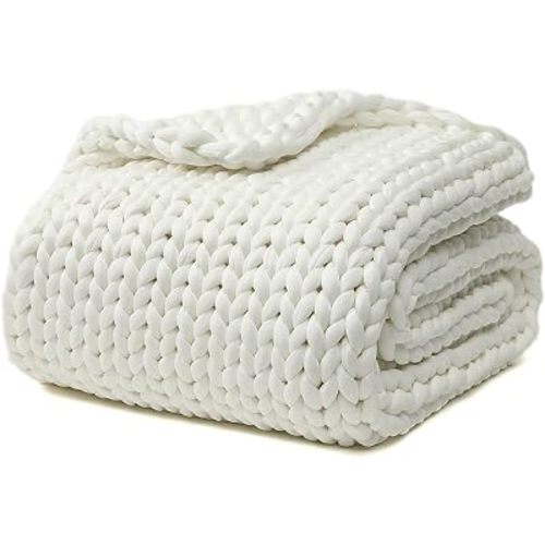 YnM Cooling Weighted Blanket, Handmade Chunky Yarn Knitted Design, Temperature Regulating and Breathable, Machine Washable Throw for Sleep or Home Decor (White, 50x60 Inch, 10lbs)