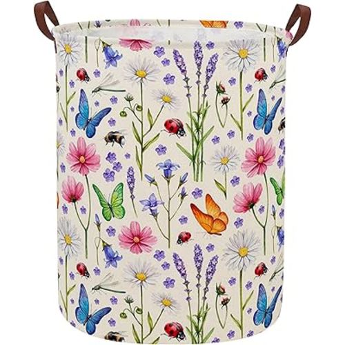ESSME Kids Laundry Basket,Flower Hamper Collapsible Canvas Waterproof Storage Bin for Form, Nursery Hamper,Gift Baskets,toy bins(Flower cluster)