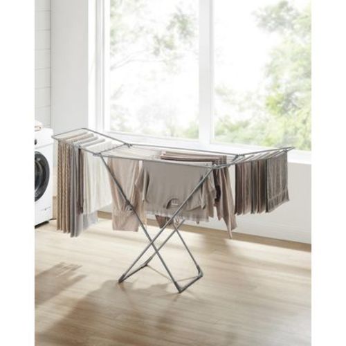 SONGMICS Clothes Drying Rack, Metal Laundry Drying Rack, Foldable, Space-Saving, Free-Standing Airer, with Gullwings, Bed Linen Clothing, Gray