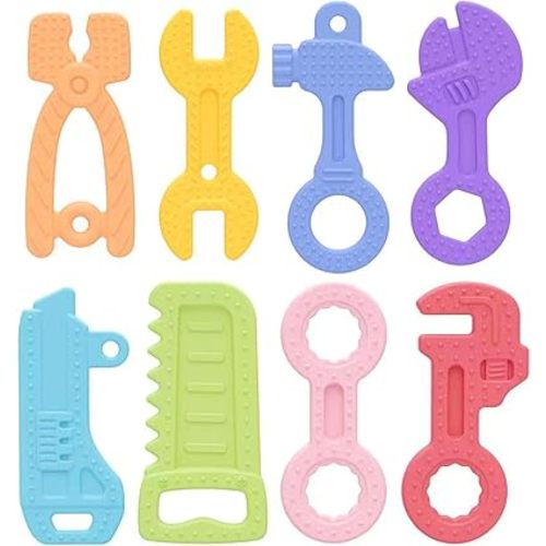 Fu Store 8 Pack Soft Silicone Teething Toys for 0-12Months 6-24 Months Toddlers Infant Hammer Tools Shape Baby Teethers Relief Soothe Babies Gums Set