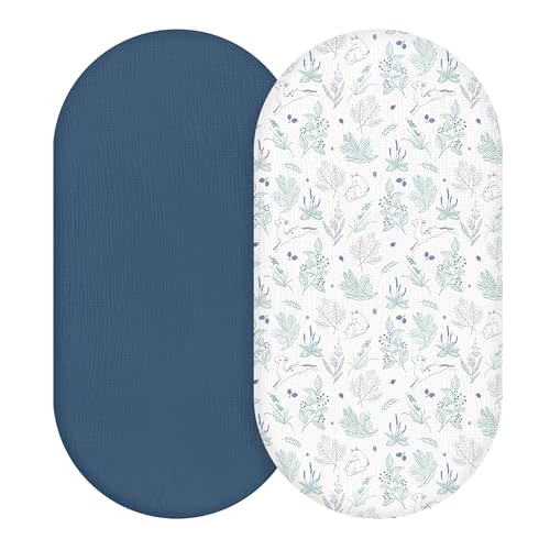 Muslin Bassinet Fitted Sheets 2 Pack, Soft Breathable Cotton Baby Bassinet Mattress Sheet Set, 360° Elastic Snug Fit, Universal for Oval, Rectangle & Hourglass Cradle, Unisex Baby Bedding (Blue Deer)