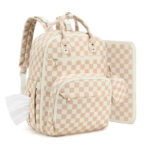 Corduroy Diaper Bag Backpack with Insulated Bottle Pockets, Checkered Brown | Large capacity soft corduroy baby travel bag with stroller straps, luggage sleeve, pacifier case and wet and dry pocket