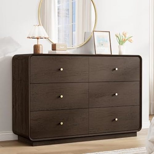6 Drawer Dresser for Bedroom, 47.2” Wide Modern Chest of Drawers with Curved Profile Design, Wooden Dresser TV Stand with Gold Metal Handles, Large 6 Drawer Dresser for Bedroom, Living Room