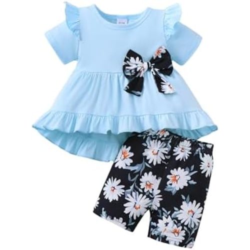 Kucnuzki Baby Girl Clothes Toddler Girls Summer Outfits Kids Short Fly Sleeve Cute Ruffle Shirts Tops Floral Shorts Set
