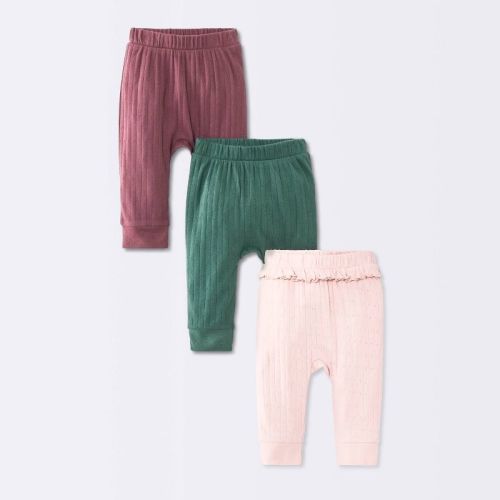 Baby Girls' 3pk pointelle Jogger Pants - Cloud Island™ Pink/Green/Burgundy Newborn