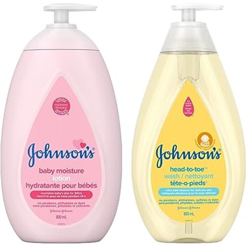 Johnson's Baby Wash and Shampoo for Baths, Head-to-Toe, Tear Free, 800 ml & Lotion, Body Moisturizer for Dry, Delicate Skin, 800ml, Regimen Pack of 2 (2x800ml)