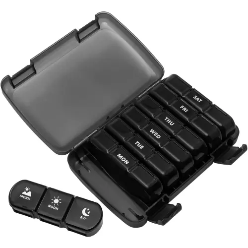 Ezy Dose Weekly (7-Day) Pill Organizer, Vitamin and Medicine Box, Large Pop-Out Compartments, 3 Times a Day, Convenient and Easy to Use, Black, BPA Free