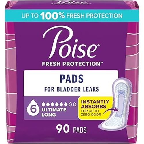 Poise Incontinence & Postpartum Pads for Bladder Leaks, 6 Drop Ultimate Absorbency, Long Length, 90 Count, Packaging May Vary