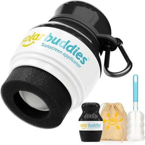 Solar Buddies Grab & Go Travel Bundle, Carabina Clip & Cleaning Brush - Single Full Black - Refillable Roll on Sponge Sunscreen, Suncream & Lotion Applicator For Kids, Adults & Families - Holds 100ml
