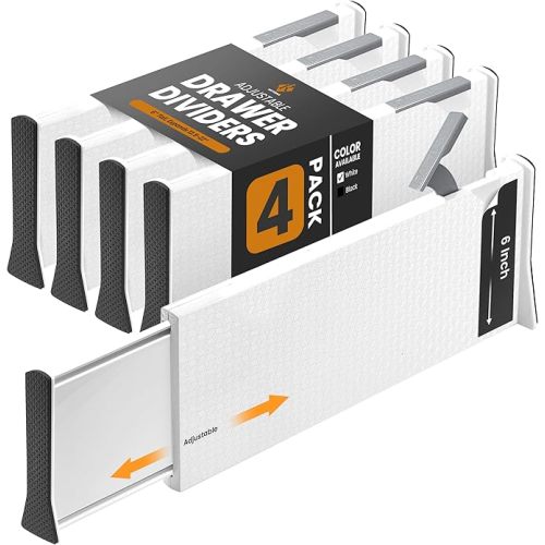 Adjustable Deep Drawer Divider – 6" Tall, Expandable 13-22", 4-Pack, Non-Slip Drawer Dividers for Clothes, Dresser, Kitchen & Office Organization (White)