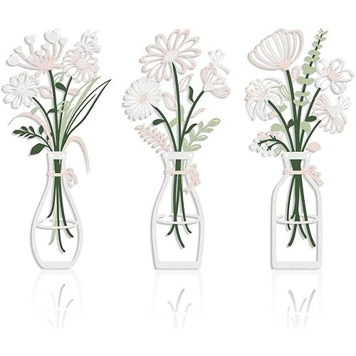 3 Pieces Metal Flower Wall Art - Wordless Minimalist Floral Silhouettes in Vases, Black Rustic Farmhouse Decor for Living Room, Bedroom, Bathroom, Dining Room, Housewarming Gift(Pink -White)