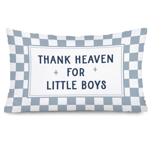 Thank Heaven for Little Boys Pillow Cover 12x20 | Baby Boy Nursery Decor Blue Checkered Throw Pillow Cover，Newborn Gifts, Baby Shower Decorations for Toddler Boys Room