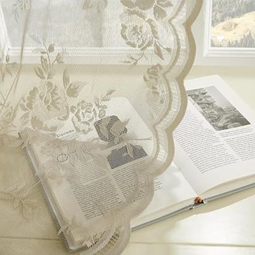 Khaki Lace Curtains 54 Inch Length 2 Panels Set Country Taupe Floral Curtains for Kitchen Bedroom Vintage Flower Sheer Curtain Rod Pocket Light Filtering Window Drapes Rustic Farmhouse Decor, 52x54
