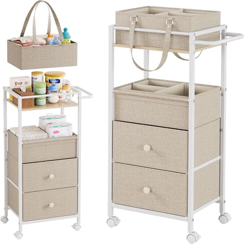 Modanais Baby Diaper Caddy Organizer Cart with Drawers - 3In1 Rolling Storage Cart with Wheels, Removable Diaper Caddy, Detachable Dividers - for Crib, Bedroom, Art & Craft Organizer (Off White)
