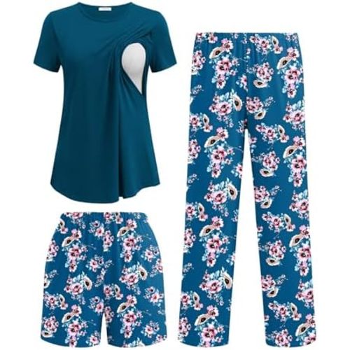 Ekouaer 3 Piece Maternity Pajamas Set Postpartum Nursing Short Sleeve Breastfeeding Sleepwear Pregnancy Shorts & Pants Pjs