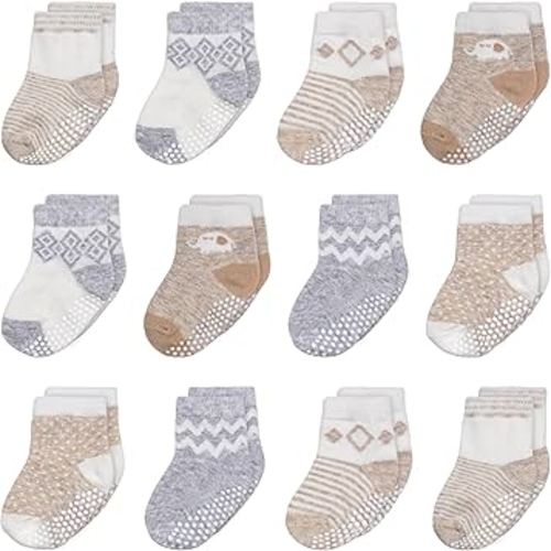 Mother's Choice Organic Cotton Baby Socks 6-12 Months, 12 Pairs Unisex Anti Slip - Soft & Hypoallergenic Baby Girl & Boys Socks (US, Age, 6 Months, 12 Months, Brown & White)