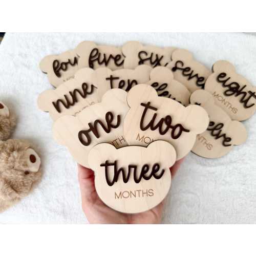 Teddy Bear Monthly Milestone Marker, Interchangeable Month Baby Bear Milestone cards, Monthly Wooden Milestone Discs, Baby Photo Signs