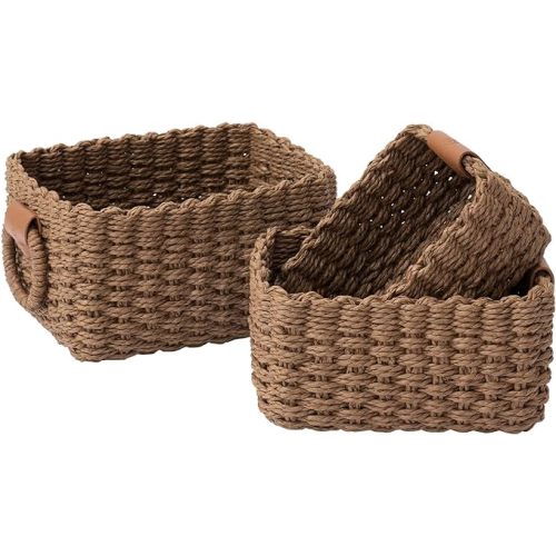 LA JOLIE MUSE Small Wicker Baskets for Organizing, Recycled Paper Rope Storage Basket Container Bins for Shelves Bathroom Cupboards Drawer, Decorative Square Basket Organizer Set of 3