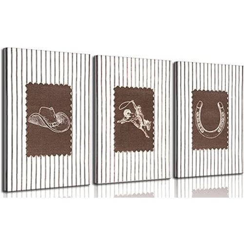 3Pcs Western Cowboy Wall Art Vintage Striped Cowboy Rodeo Wall Decor Pictures Retro Neutral Gallery Posters Prints for Boys Room Bathroom Bedroom Home Decoration 12x16in