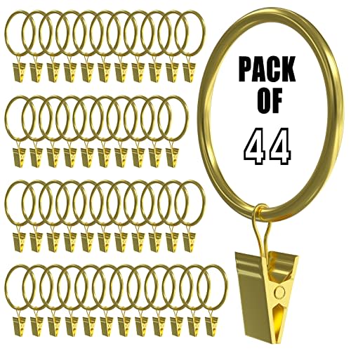 Homyplaza 44 Pack Gold Curtain Rings with Clips, Curtain Hooks for Hanging, Heavy Duty Drapery Rings, Polish Rustproof Curtain Clips Hangers for Drapes, 1.26" Interior Diameter, Fits up to 1" Rods