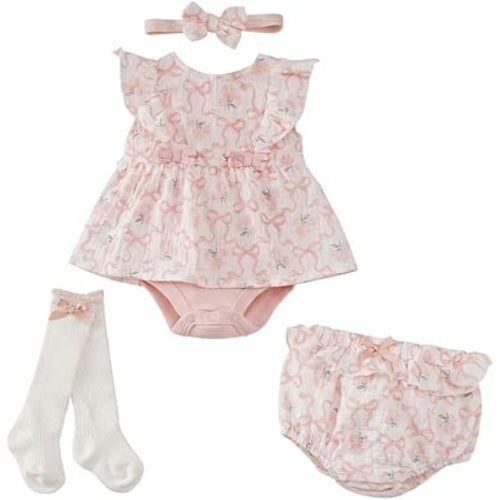 Infant Baby Girl Bodysuit Dress Summer Outfits Clothes | With High Socks,Headband and Bloomer Shorts,Soft Breathable Stretchy Cotton,Snap Closure,Parties,Park Picnics,Vacation