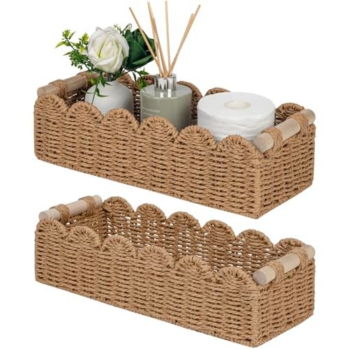 CubesLand Bathroom Basket Organizer, Toilet Tank Paper Storage Baskets 2PK | Scalloped Decorative Basket for Countertop w/Handle, Wicker Basket for Bathroom Decor, Home Decor, Living Room, Neutral