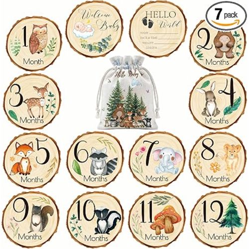 Uflashmi Woodland Baby Monthly Milestone Signs, 7Pcs Wooden Cards