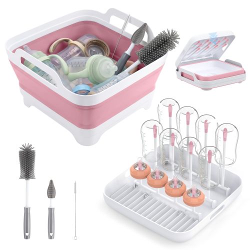 Amazon.com: Yecuip Collapsible Baby Bottle Wash Basin w/Drying Rack & Drain Plug, Pink | 2.4 Gallon Foldable Dish Tub w/Handles,Portable RV Camping Sink & Space-Saving Wash Bin with Lid for Kitchen,Travel & Outdoor