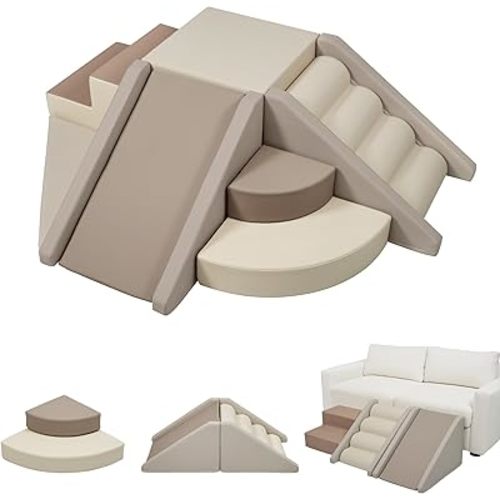 Merax Indoor Climbing Toys for Toddlers, 9-Piece Foam Climbing Blocks Climb & Crawl Tunnel Soft Play Set (9-Piece Cappuccino)