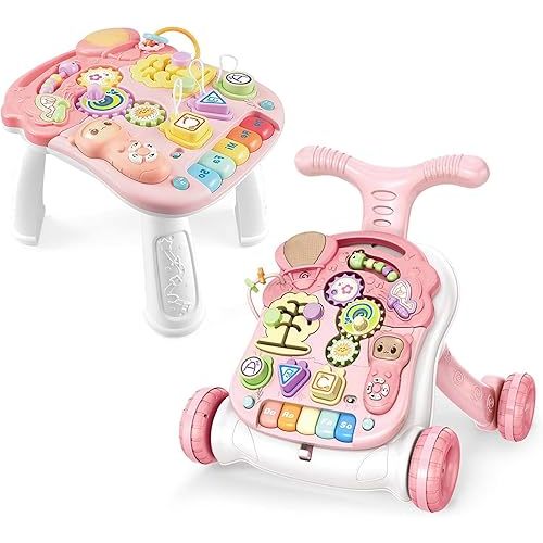 Baby Sit-to-Stand Learning Walker, 2 in 1 Baby Walker for Girls Boys, Educational Baby Push Walkers with Entertainment Activity Table, Baby Music Learning Toy Gift for Infant Boys Girls (Pink)