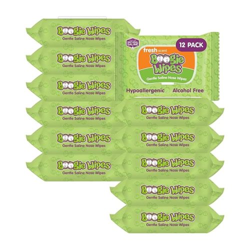 Boogie Wipes Gentle Saline Nose Wipes - 90 Count - Fresh Scent, Hypoallergenic & Alcohol-Free - Allergy Relief - Made with Natural Saline, Aloe, Chamomile & Vitamin E - Diaper Bag Essential
