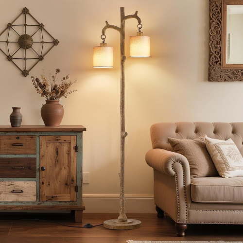 NATYSWAN Floor Lamp for Living Room - 69" Rustic Farmhouse Tree Trunk Tall Lamp - Brown Reading Light with Linen Shade Standing Lamps for Bedroom Office Home Decor