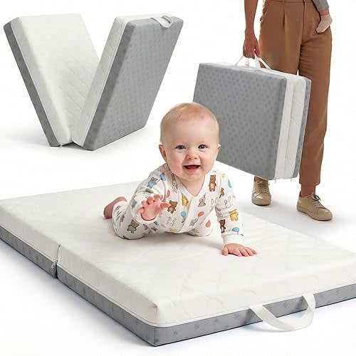 Bi-Fold Pack and Play Mattress, 3 Inch Thick Soft & Firm Memory Foam Breathable Portable Pack n Play Mattresses, Baby Playpen Mattresses with Removable Washable Cover 38x26x3 Inch - Gray