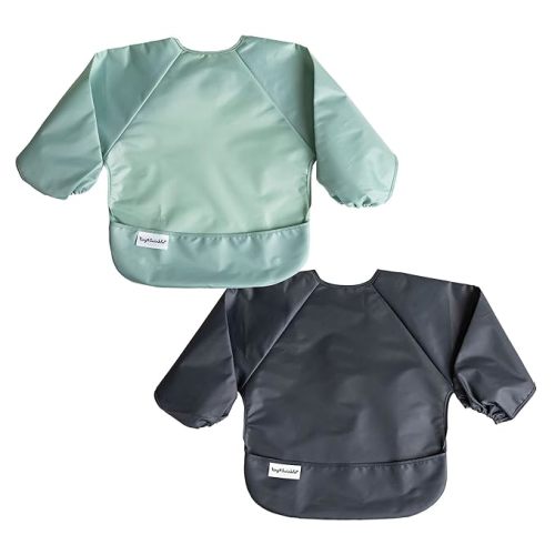 Tiny Twinkle Long Sleeve Bib for Babies & Toddlers | 2-Pack Waterproof Smock Bib for Eating | Machine Washable & Mess-Proof Feeding Essentials | Newborn Shower Gift (Sage Charcoal,6–24M)