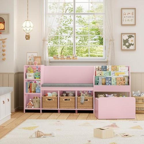 HOSTACK 67"W Kids Reading Nook with Bookshelf, Toy Storage Organizer, White