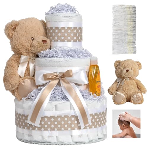 Lil' Baby Cakes Gender Neutral Diaper Cake for Baby Showers or Newborn Gift - Handmade Baby Gift with 42 Swaddler 1 Diapers - Neutral Cake with Plush Teddy Bear - Size 10 in x 12
