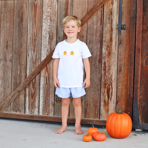 Pumpkin Trio Smocked Blue Check Short Set