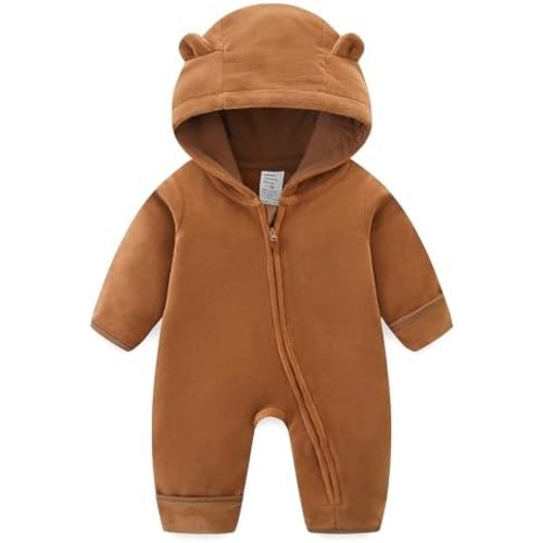Newborn Baby Bear Onesie Winter Snowsuit With Fold-over Mittens & Footies Zip Up Baby Fleece Jumpsuit 0-18M