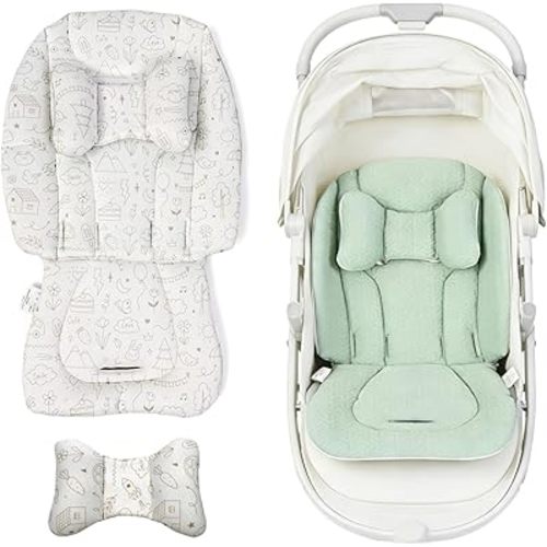 HitTopss Head and Body Support Infant Car Seat Insert, Soft Breathable Baby Car Seat Cushion for Newborn, Universal Reversible Carseat Insert Support for Stroller, Swing & Carrier (Green & White)