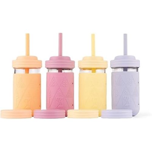 Elk and Friends Kids + Toddler Glass Cups | The Original 12oz Glass Mason Jar with Sleeves + Lids | Silicone Straws + Stopper | Smoothie Cup | Food Storage | Spill Resistant | Dishwasher Safe | 4 Pack