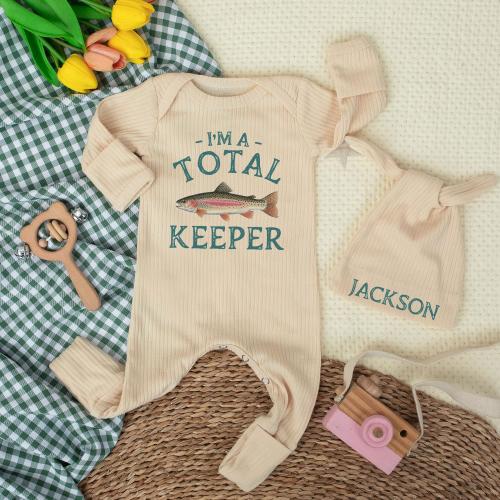Retro Rainbow Trout I'm A Total Keeper Baby Bodysuit, Boho Fishing Newborn Outfit, Adorable Baby Shower Gift, Fisherman Dad Baby Clothes