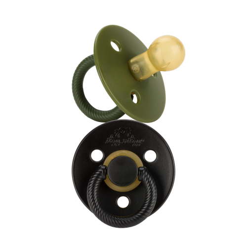 Itzy Ritzy Natural Rubber Pacifiers Set of 2 – Natural Rubber Newborn Pacifiers with Cherry-Shaped Nipple & Large Air Holes for Added Safety; Set of 2 in Camo & Midnight, Ages 0 – 6 Months