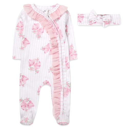 Baby Essentials Newborn Infant Girls 0 Months Embroidered Romper Footie with Matching Headband in Floral Pink Bows