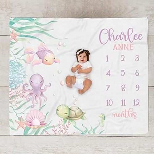 Personalized Baby Milestone Blanket Ocean Milestone, Personalized Baby Girl Month Blanket, Under The Sea, Remembrance Gift, Valentines Christmas-Made in USA