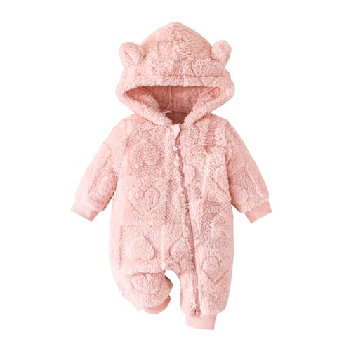 allshope Newborn Fluffy Baby Girl Winter Romper Solid Color Plush Hooded Long Sleeve Jumpsuit Bodysuit Infant Fall Clothes