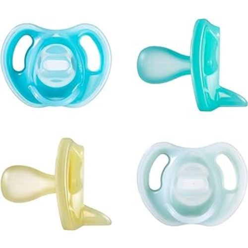 Tommee Tippee Ultra-Light Silicone Pacifier, 6-18 Months, Symmetrical One-Piece Design, BPA-Free Silicone Binkies, Blue/Green/Yellow, Pack of 4