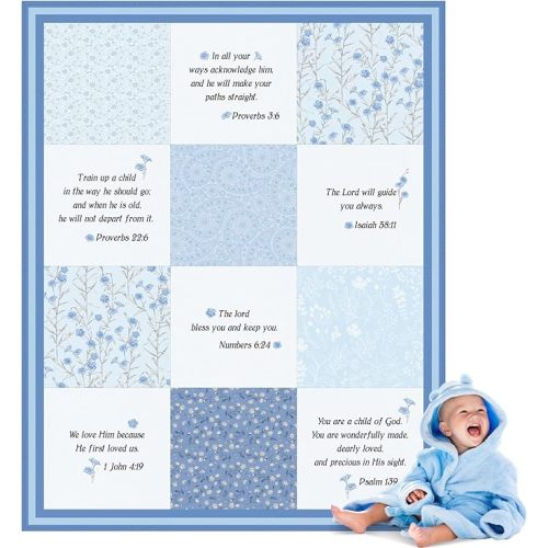 Oudain Christian Baby Blankets with Bible Verses Scripture Flowers Paisley Baby Receiving Baptism Blanket Christian Christening Gifts for Newborn Kids, 30 x 40 Inch(Blue)